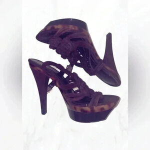 BCBG generation platform strappy leopard brown suede braided leather heel 8